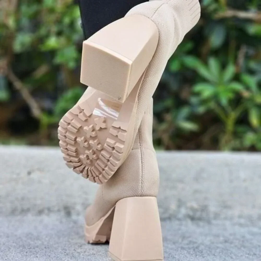 Women's Chunky Block Heel Sock Boots Nude Color - Picture 6 of 6